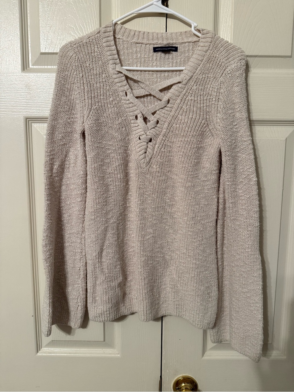 American Eagle Outfitters Lace-Up V-Neck Knit Sweater in Beige